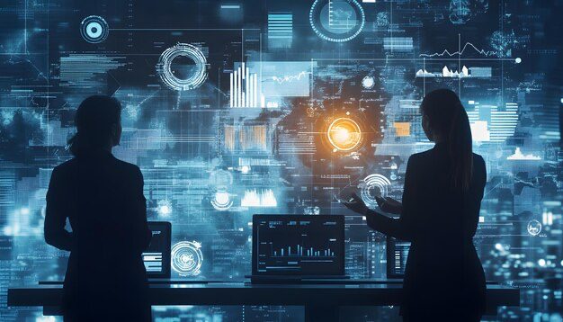 Two people analyzing data on a large digital screen