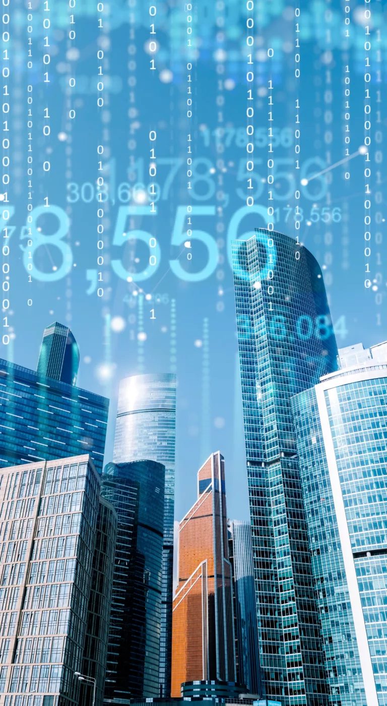 City skyline overlaid with streams of data