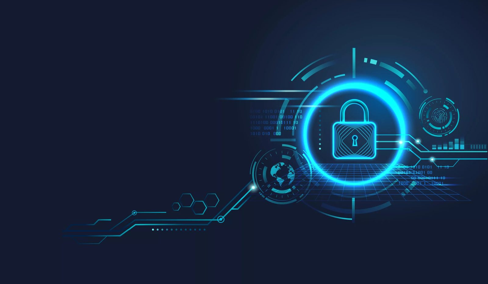 Digital padlock surrounded by glowing circuitry