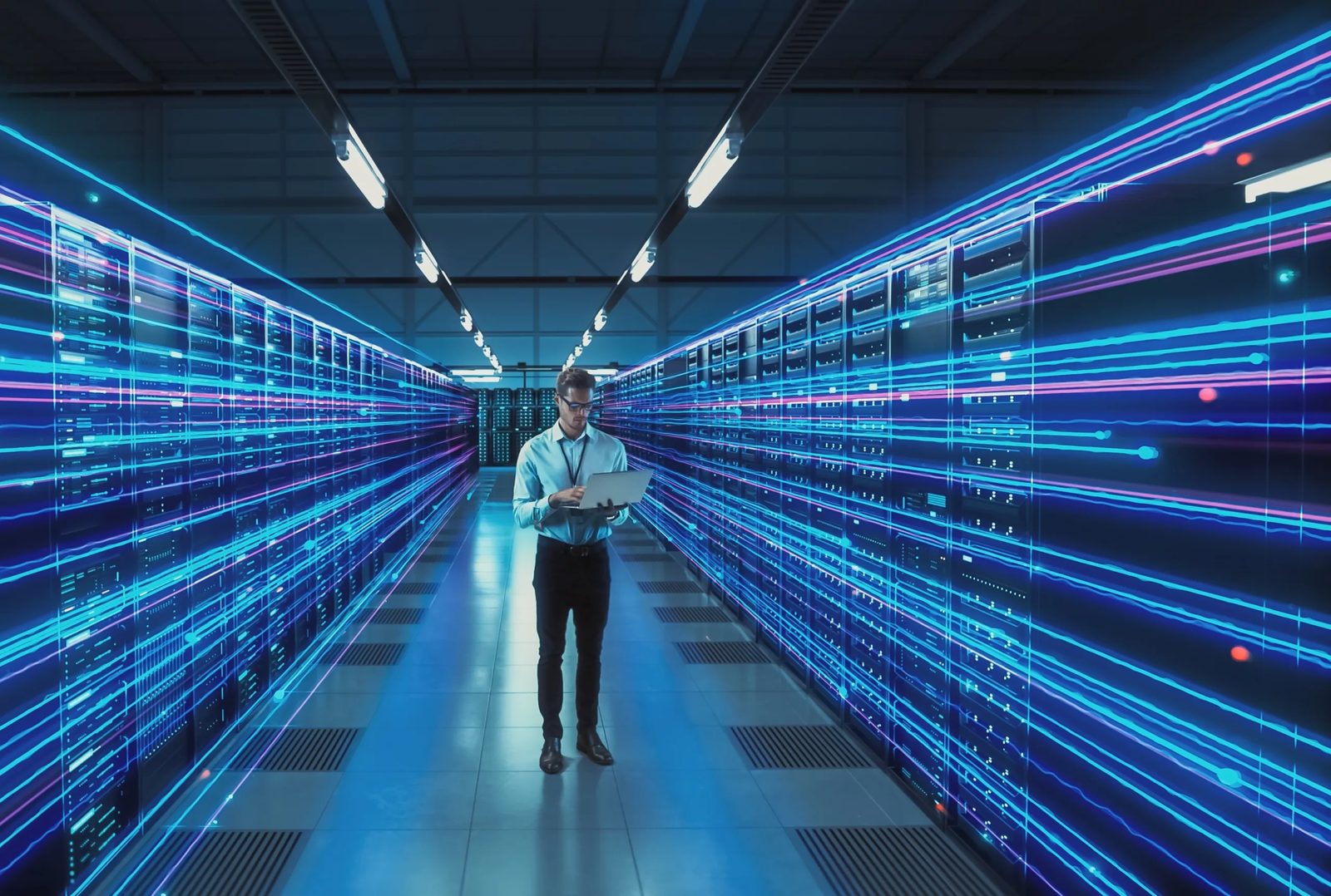 Data center corridor with a professional surrounded by streams of light